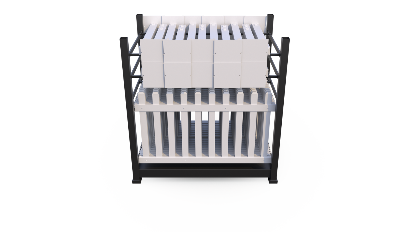 Modern black steel display rack for vertical storage; features white shelves for organization and easy access.