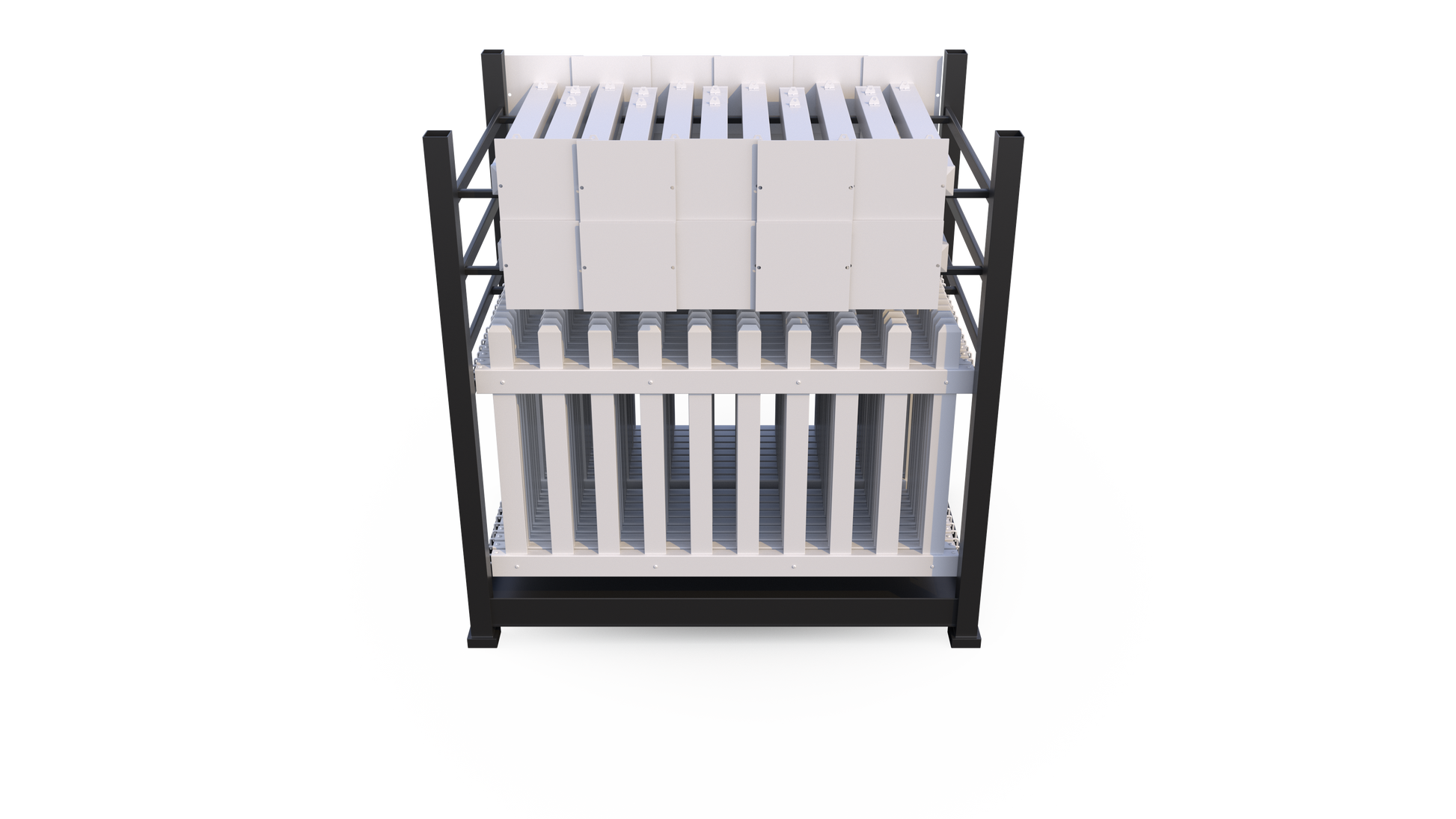 Modern black steel display rack for vertical storage; features white shelves for organization and easy access.