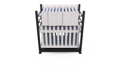 Modern black steel display rack for vertical storage; features white shelves for organization and easy access.