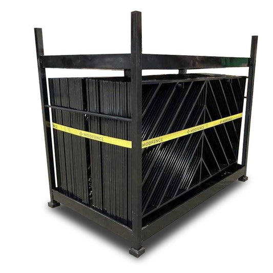 Heavy-duty black metal storage rack for stacking fencing panels, durable and stable design.