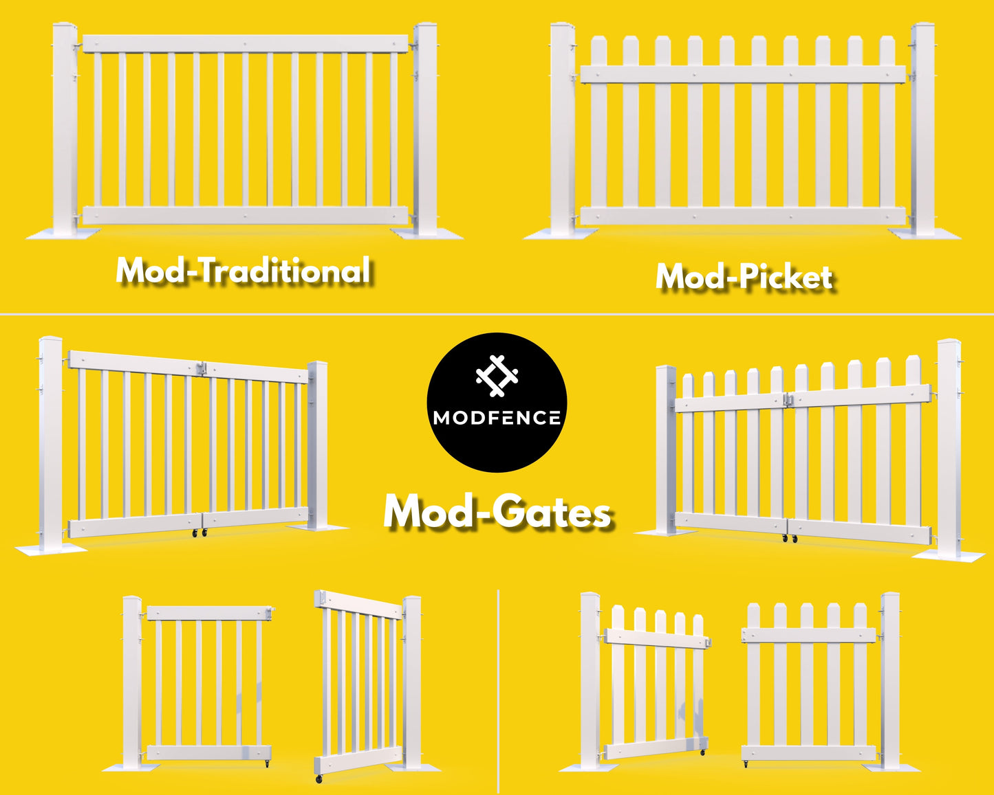 Mod-Gates: White aluminum gates in traditional and picket styles for modern fencing solutions.