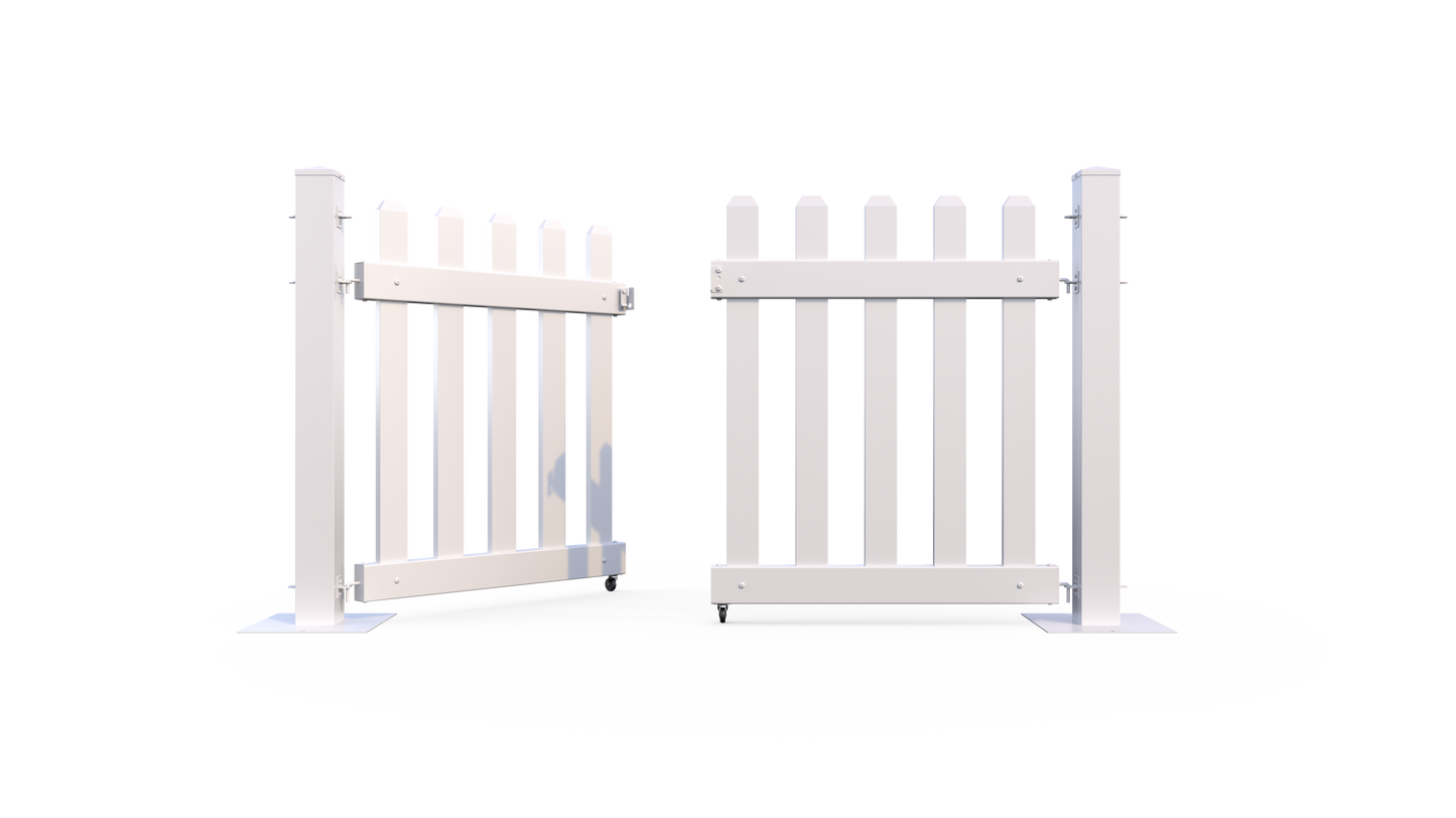 White wooden picket gate with a sturdy design, ideal for gardens and outdoor spaces.
