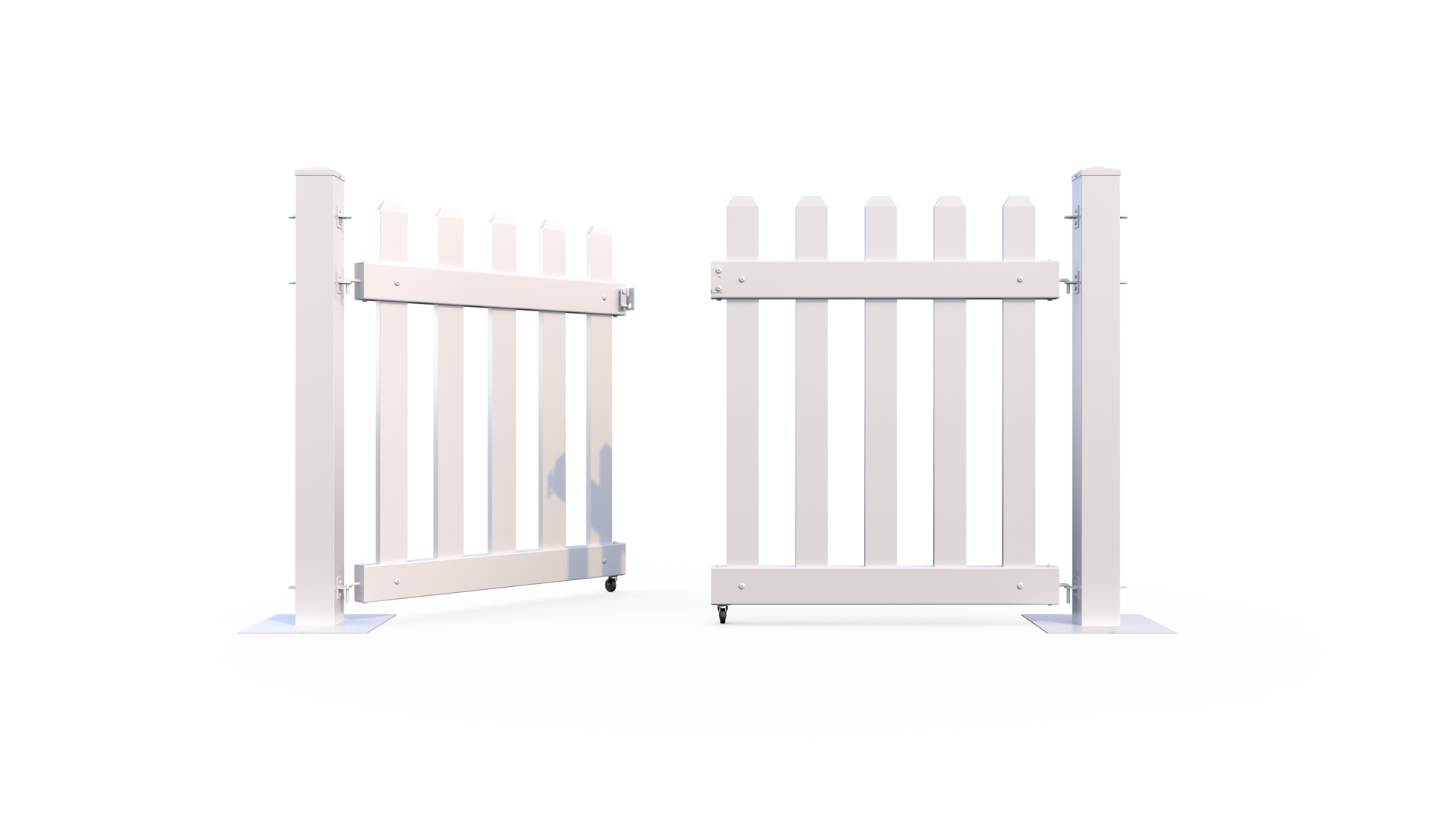 White wooden picket gate with a sturdy design, ideal for gardens and outdoor spaces.