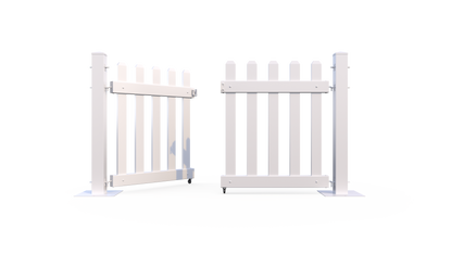 White wooden picket gate with a sturdy design, ideal for gardens and outdoor spaces.