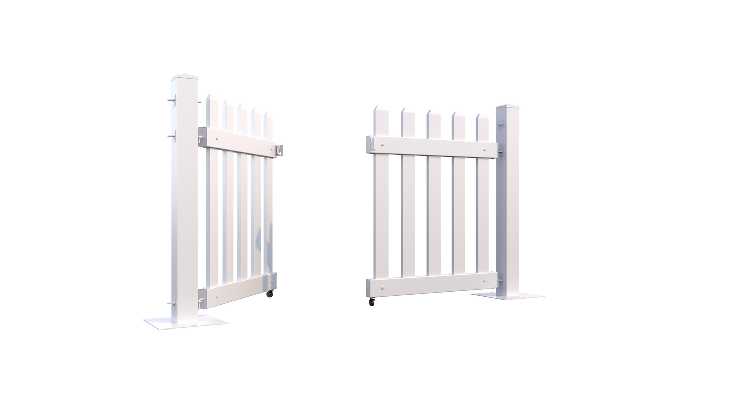 White wooden garden gate, featuring a classic design with vertical slats and durable metal hinges.