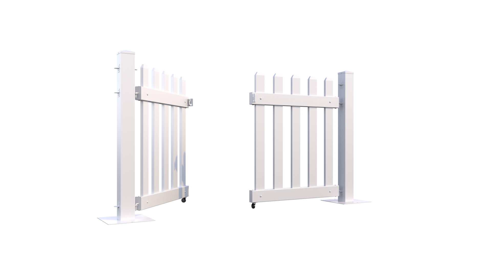 White wooden garden gate, featuring a classic design with vertical slats and durable metal hinges.
