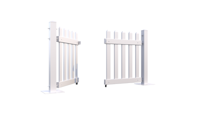 White wooden garden gate, featuring a classic design with vertical slats and durable metal hinges.