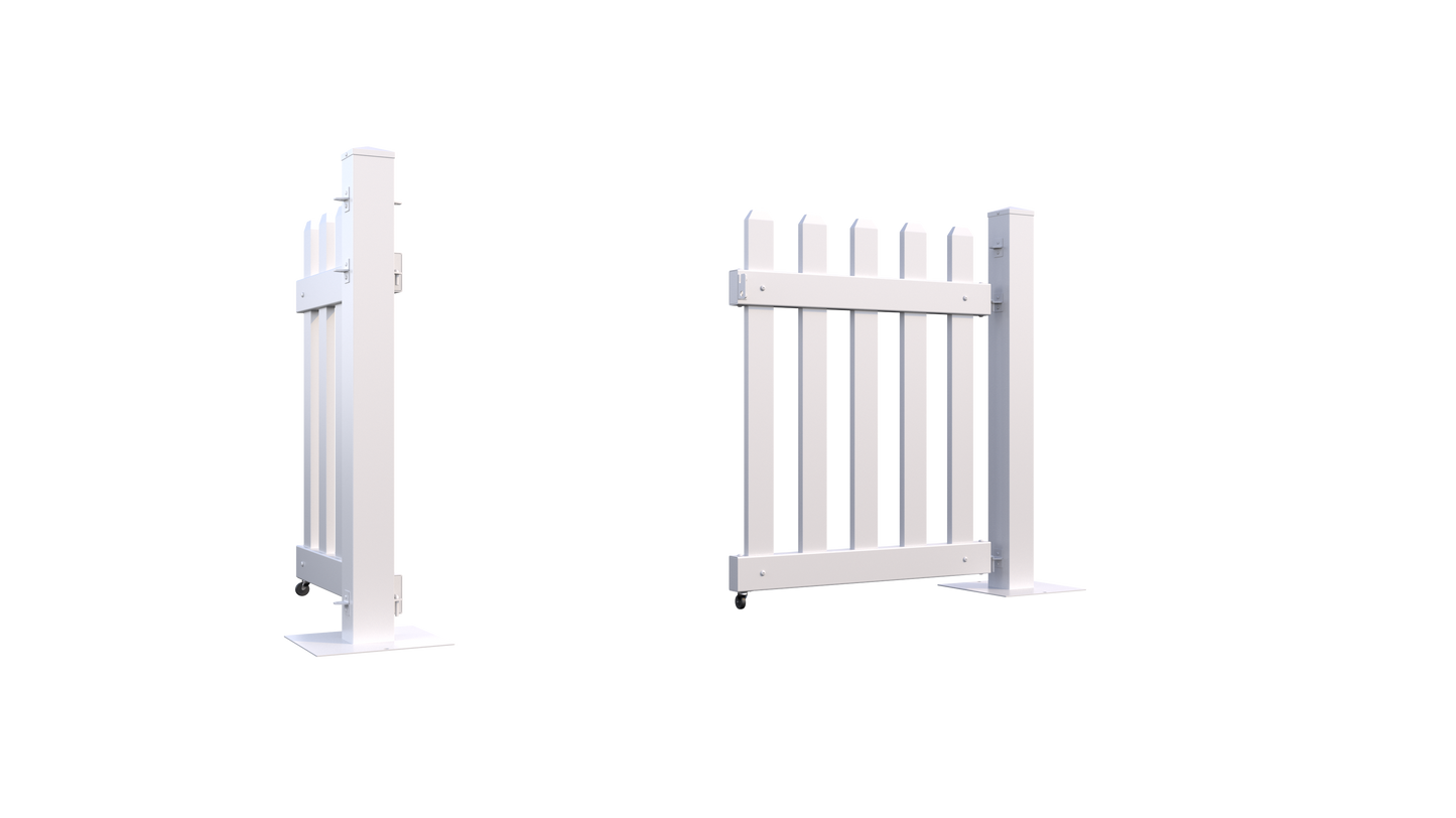 White wooden garden gate with vertical slats and sturdy metal hinges, ideal for outdoor spaces.