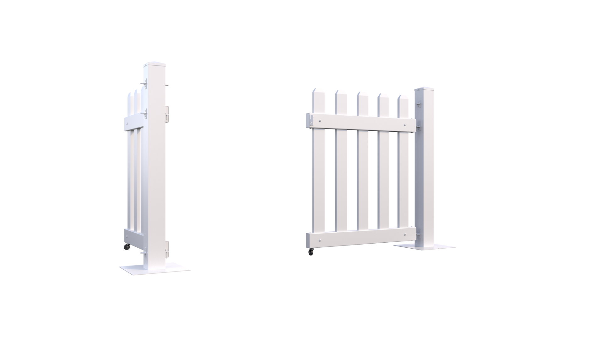 White wooden garden gate with vertical slats and sturdy metal hinges, ideal for outdoor spaces.