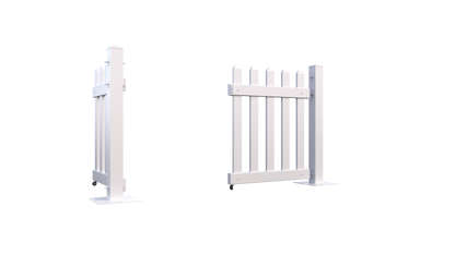 White wooden garden gate with vertical slats and sturdy metal hinges, ideal for outdoor spaces.