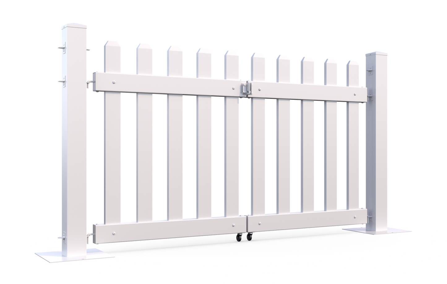 White wooden picket gate with sturdy metal hinges and rolling wheels for smooth operation.