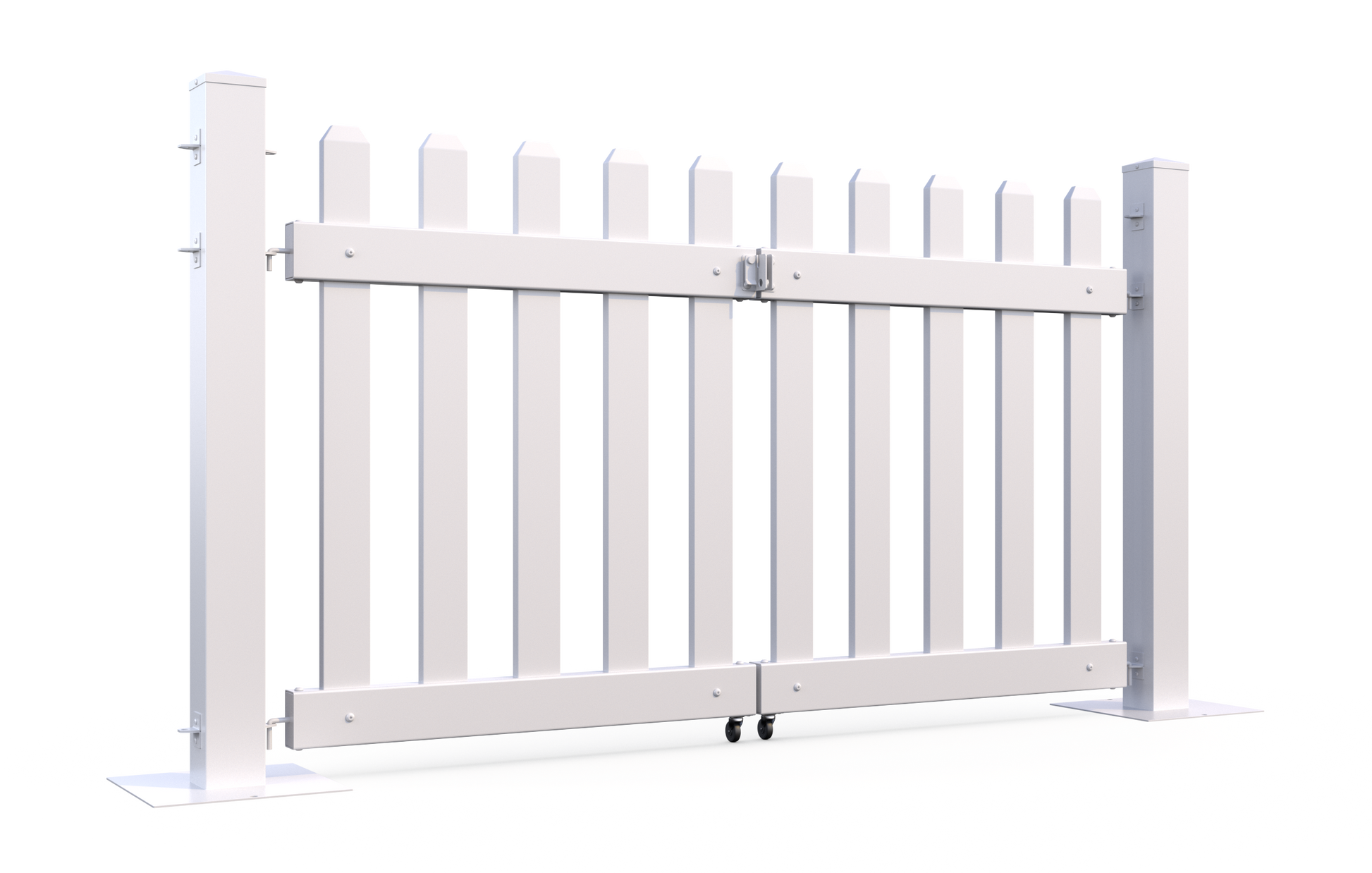 White wooden picket gate with sturdy metal hinges and rolling wheels for smooth operation.