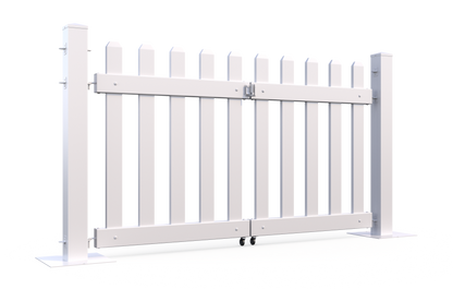 White wooden picket gate with sturdy metal hinges and rolling wheels for smooth operation.