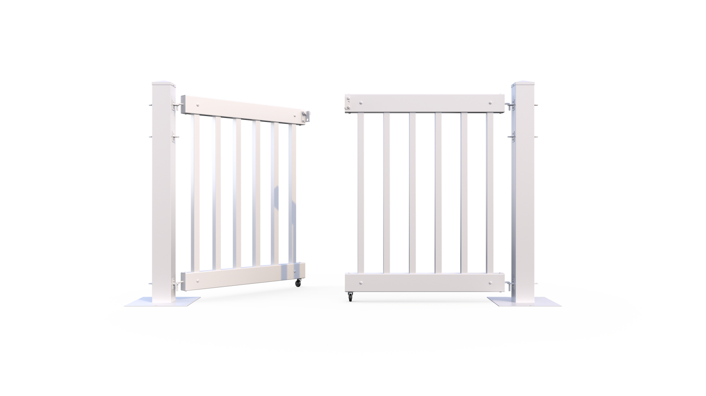White outdoor gate, durable metal construction, features a modern design, perfect for safety and style.