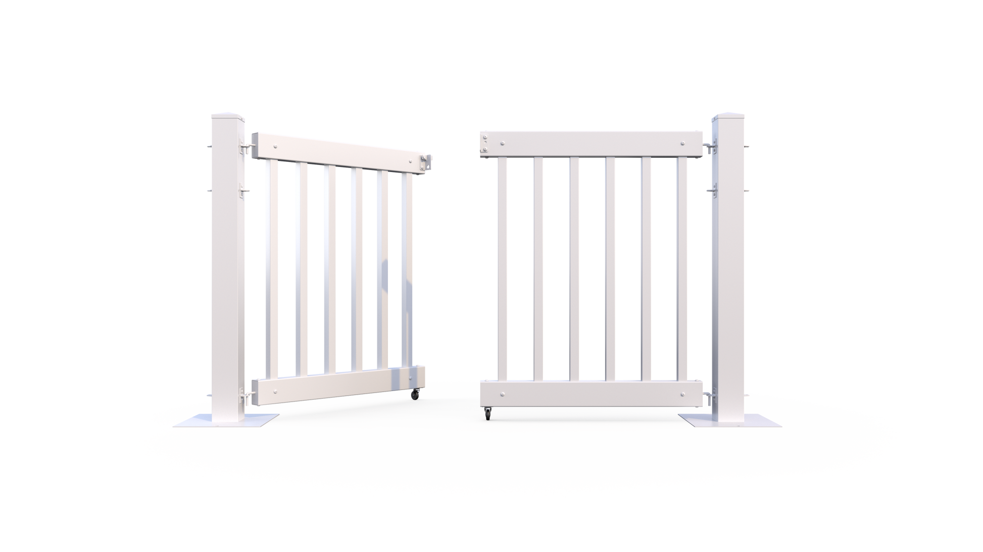 White outdoor gate, durable metal construction, features a modern design, perfect for safety and style.