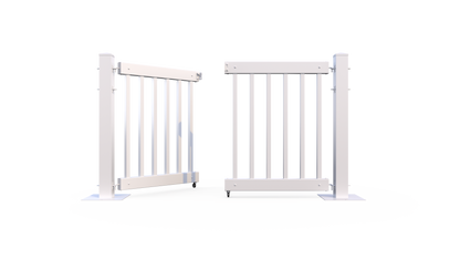 White outdoor gate, durable metal construction, features a modern design, perfect for safety and style.