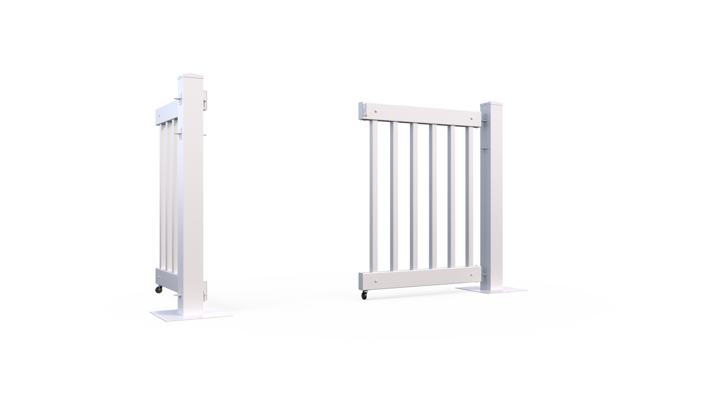 White metal baby gate with expandable design and safety features for secure indoor use.