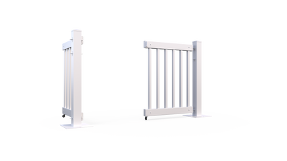White metal baby gate with expandable design and safety features for secure indoor use.