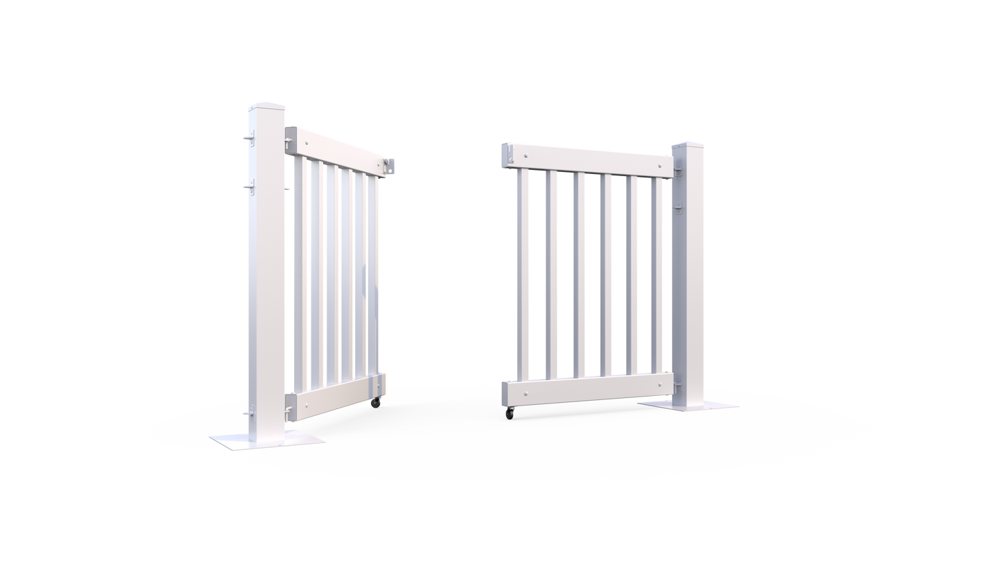 White wooden safety gate with slats, featuring secure hinges and wheels for easy movement.