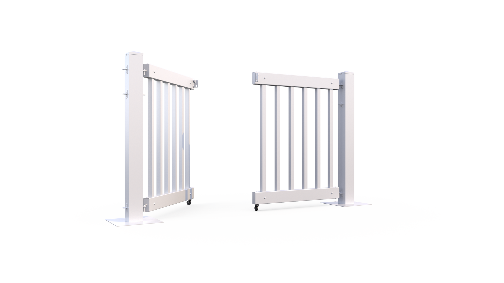 White wooden safety gate with slats, featuring secure hinges and wheels for easy movement.