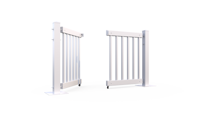 White wooden safety gate with slats, featuring secure hinges and wheels for easy movement.