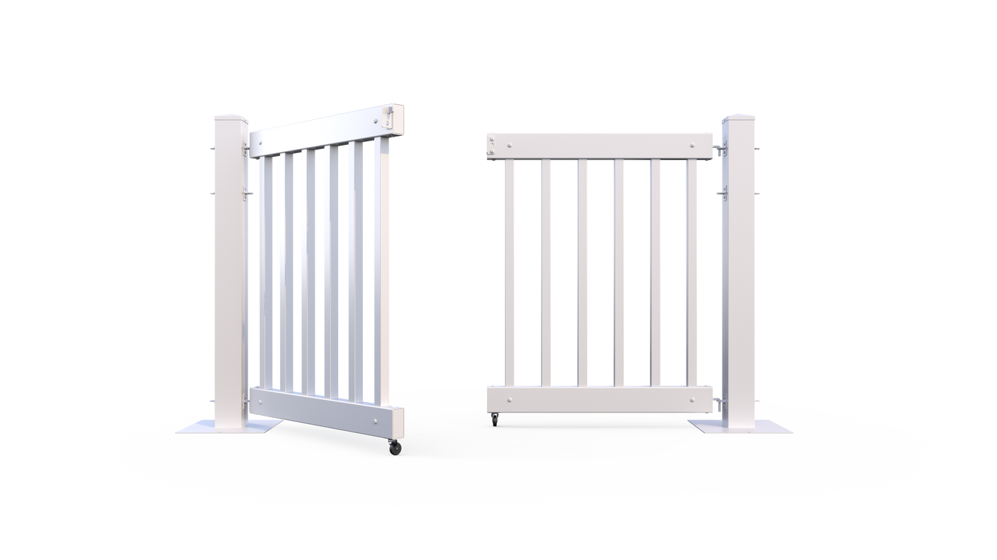 Modern white metal sliding gate with vertical slats and sturdy base, ideal for security and containment.