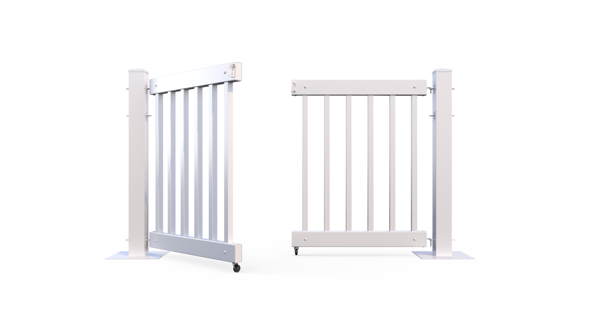 Modern white metal sliding gate with vertical slats and sturdy base, ideal for security and containment.
