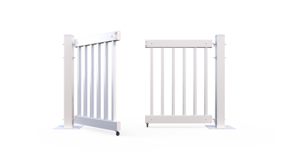 Modern white metal sliding gate with vertical slats and sturdy base, ideal for security and containment.