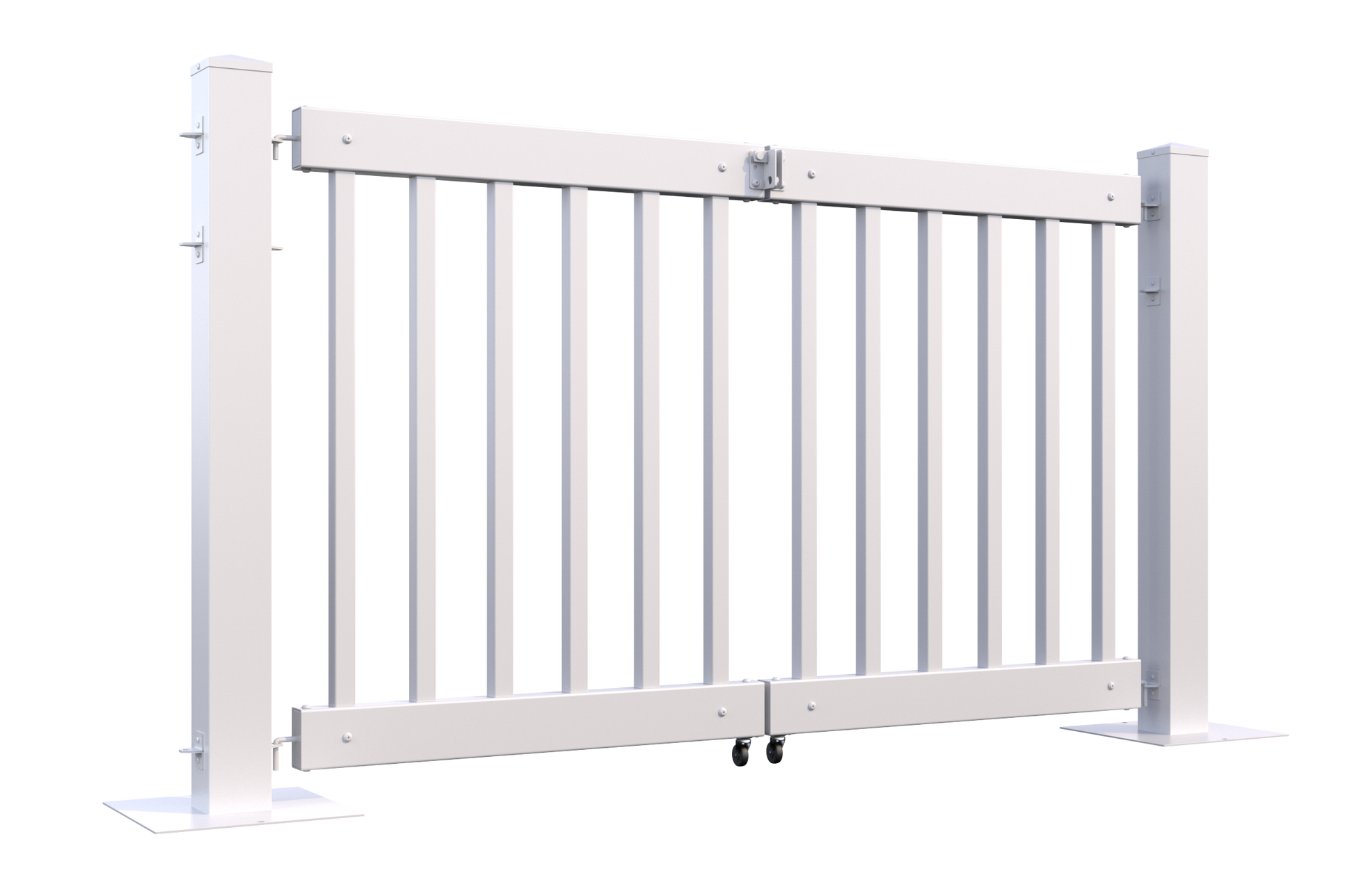 White aluminum double gate with vertical slats and sturdy posts for security and style.