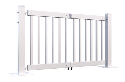 White aluminum double gate with vertical slats and sturdy posts for security and style.