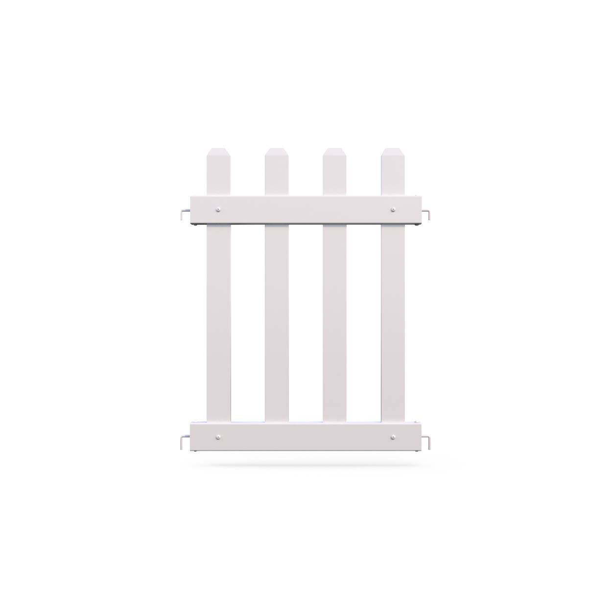 White wooden garden fence panel with four pickets and two horizontal rails.