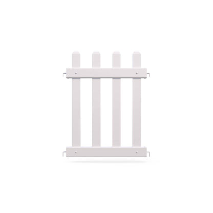 White wooden garden fence panel with four pickets and two horizontal rails.