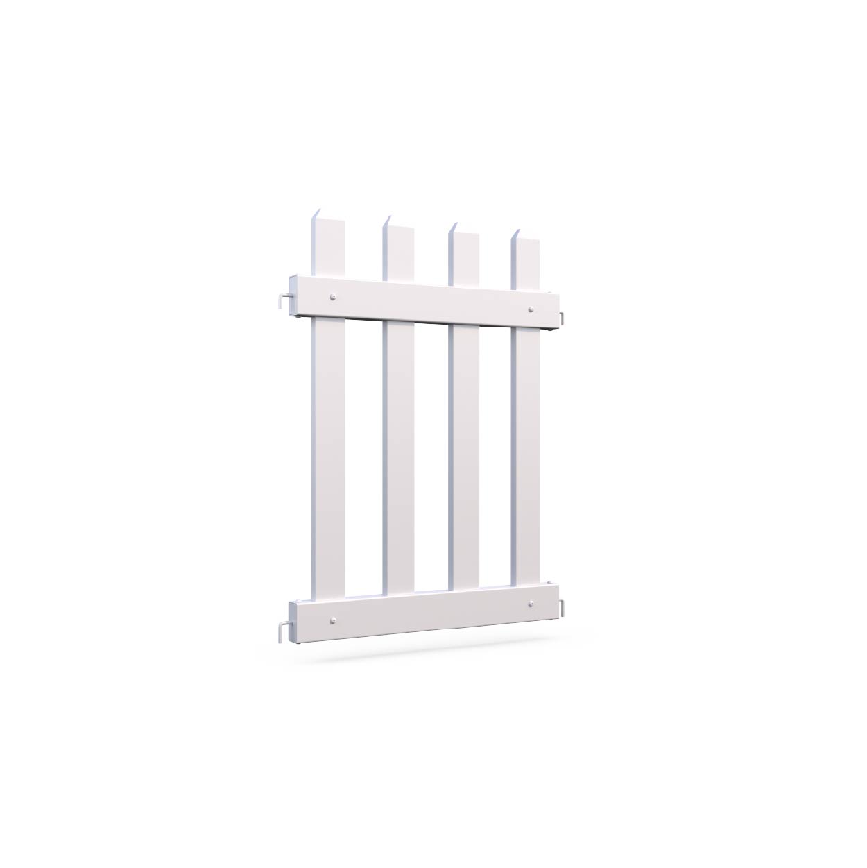 White wooden garden fence panel with vertical slats and horizontal supports.