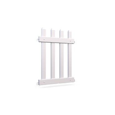 White wooden garden fence panel with vertical slats and horizontal supports.