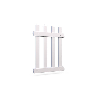 White wooden garden fence panel with vertical slats and horizontal supports.