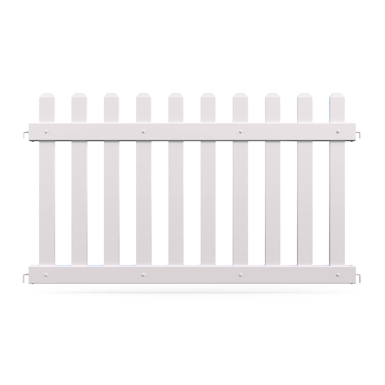 White wooden picket fence panel, durable, ideal for gardens or yards, featuring evenly spaced slats.