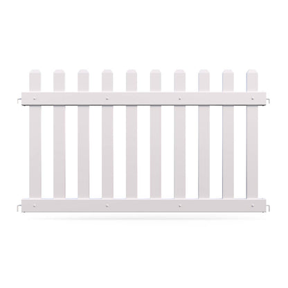 White wooden picket fence panel, durable, ideal for gardens or yards, featuring evenly spaced slats.