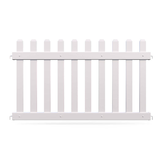 White wooden picket fence panel, durable, ideal for gardens or yards, featuring evenly spaced slats.