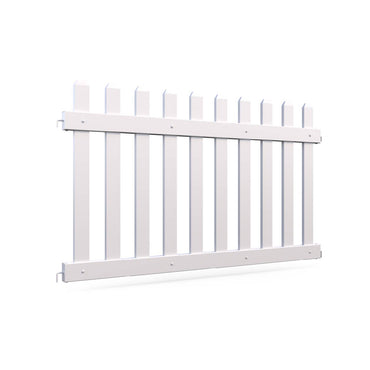 White wooden picket fence panel, 6 feet wide, durable and stylish outdoor boundary solution.