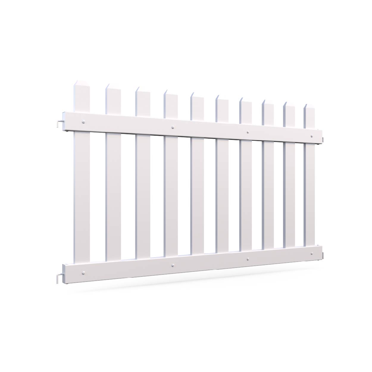 White wooden picket fence section, durable material, perfect for garden or backyard decoration.