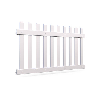 White wooden picket fence section, durable material, perfect for garden or backyard decoration.