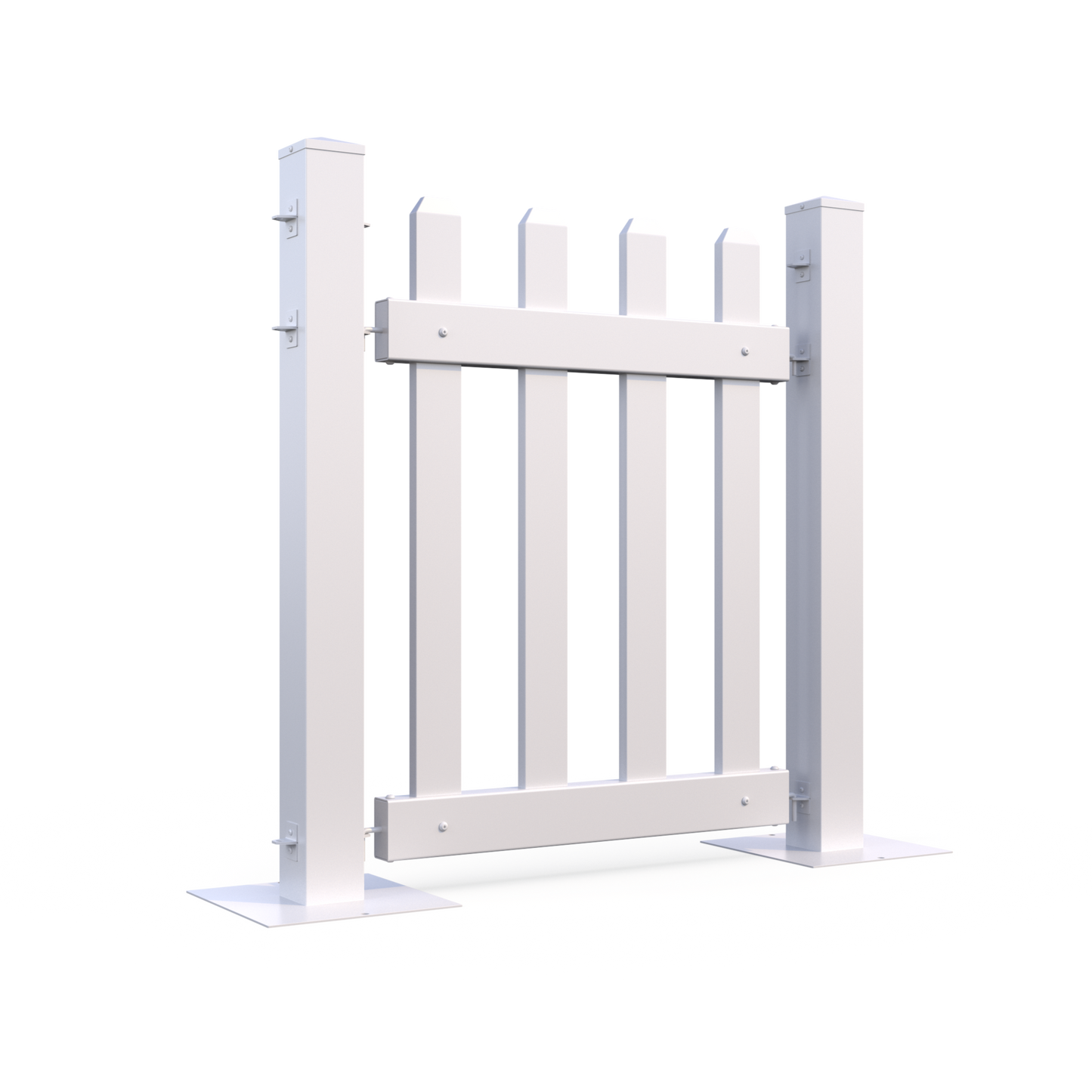 White wooden picket gate with a classic design and sturdy posts for outdoor entry.