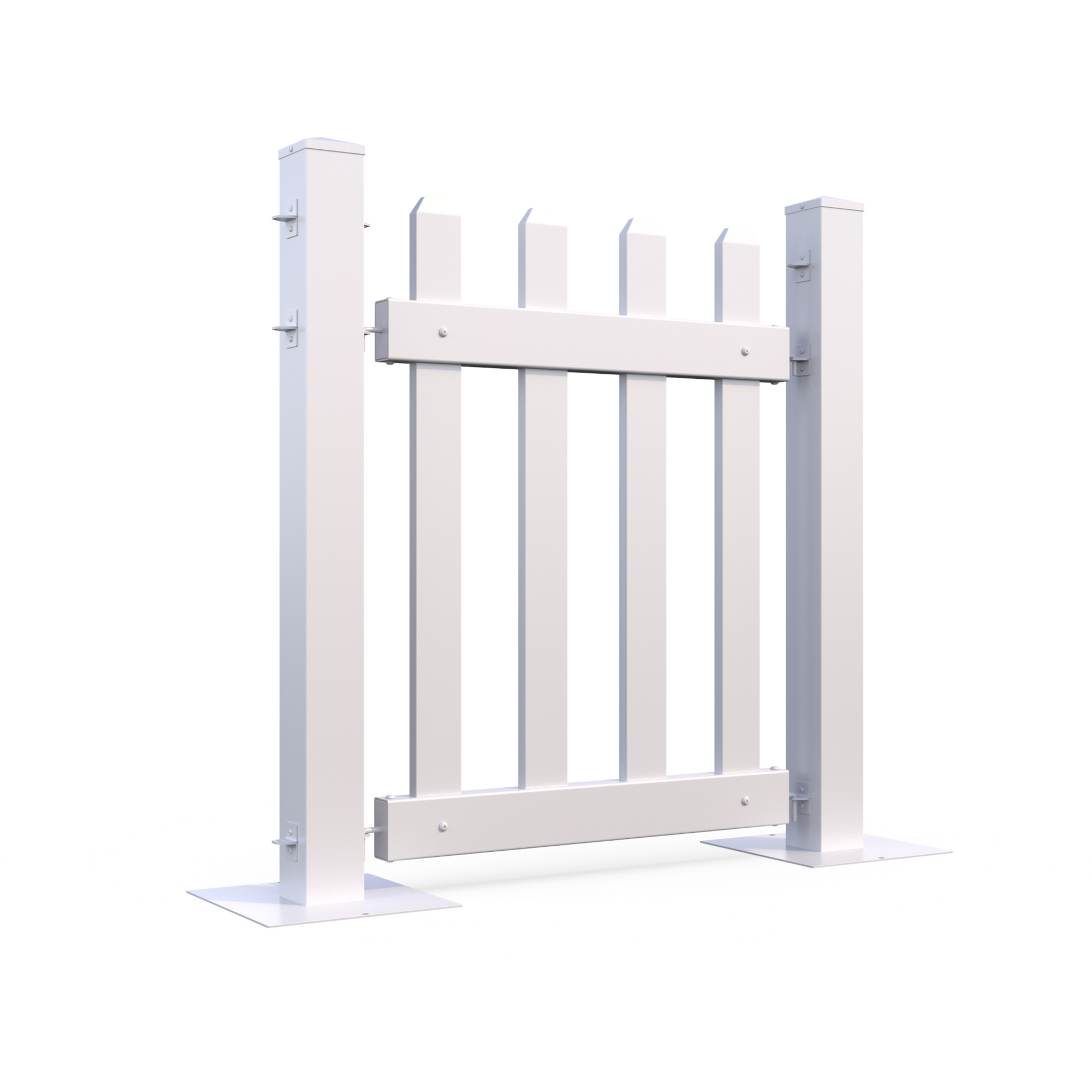 White wooden picket gate with a classic design and sturdy posts for outdoor entry.