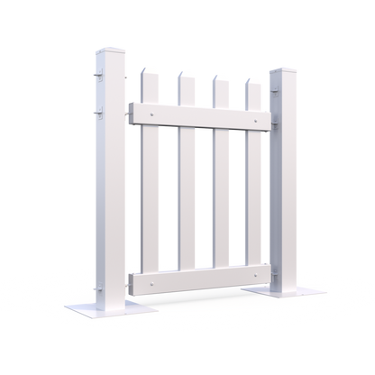 White wooden picket gate with a classic design and sturdy posts for outdoor entry.