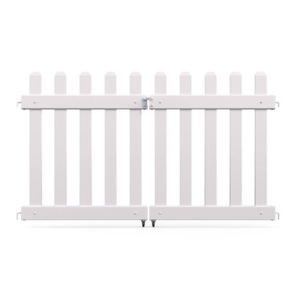 White wooden double gate with vertical slats and a secure latch for easy access.
