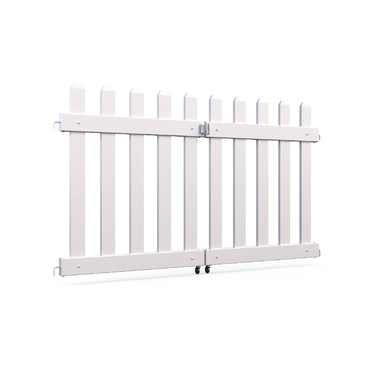 Stylish white wooden double gate with vertical slats and durable metal latch for security.