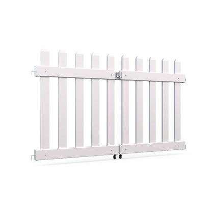 Stylish white wooden double gate with vertical slats and durable metal latch for security.