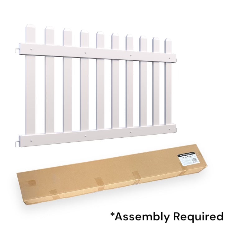White garden fence panel made of durable materials; assembly required, packaged flat for easy transport.