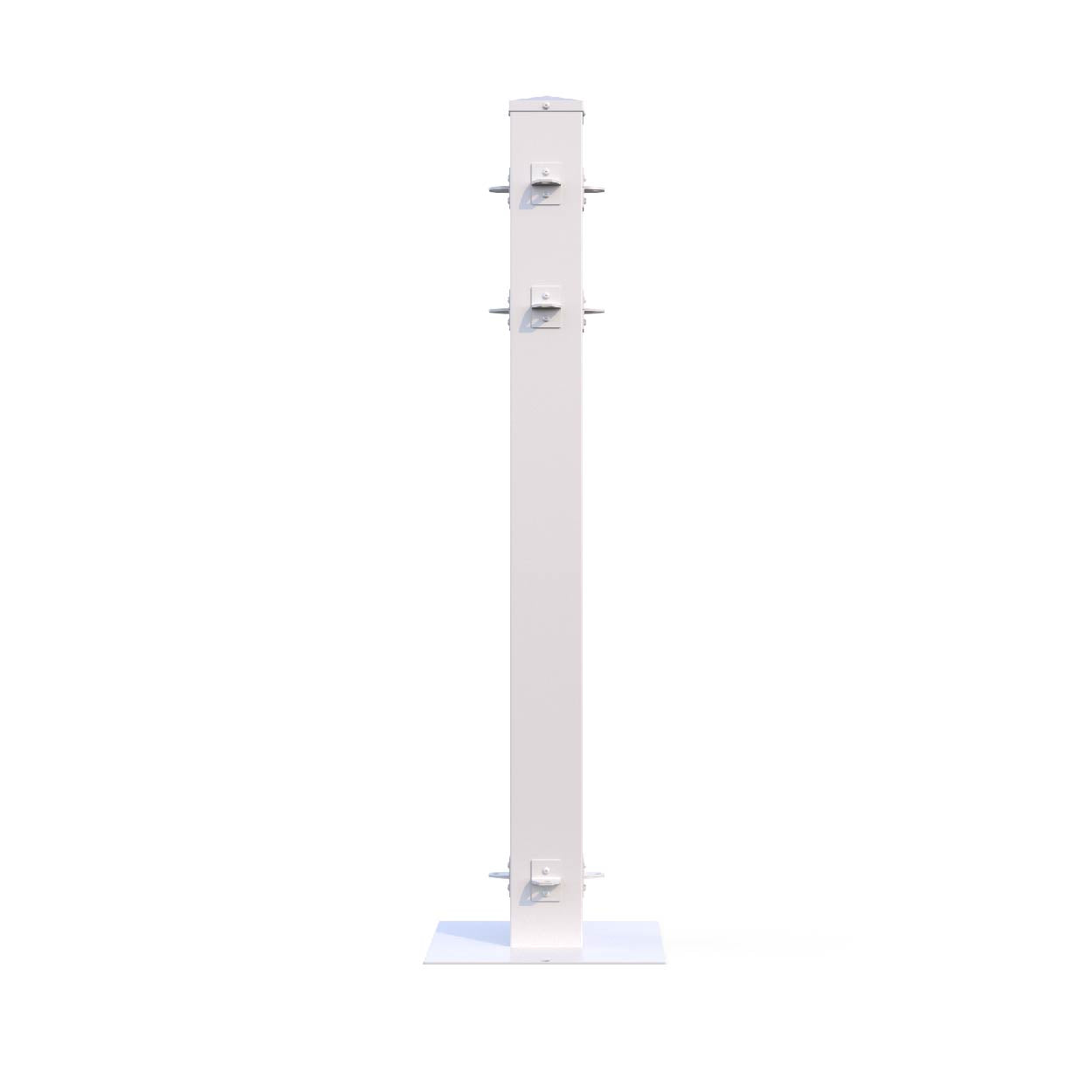 White metal display pole with multiple hooks for showcasing products.