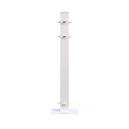 White metal display pole with multiple hooks for showcasing products.